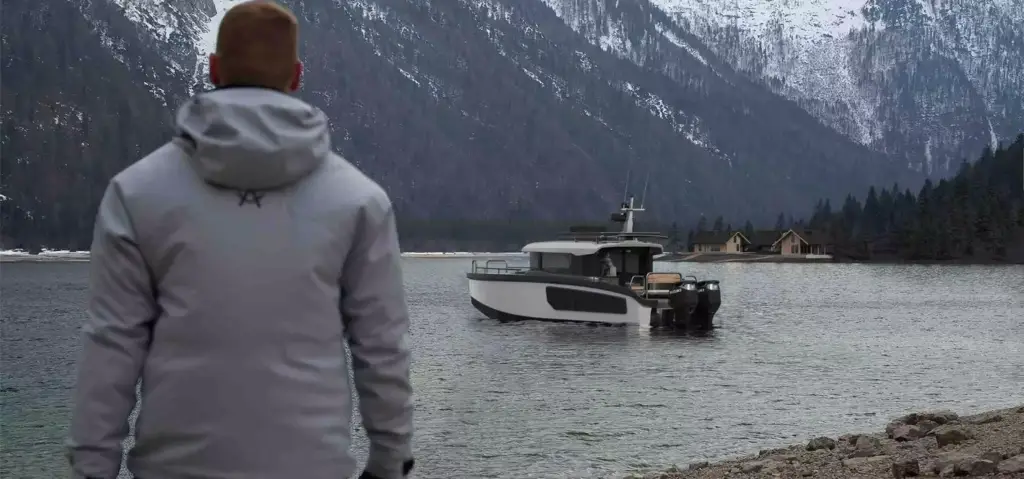 Boat 3D visualization of a cabin boat on a mountain lake with snowy slopes and shoreline houses
