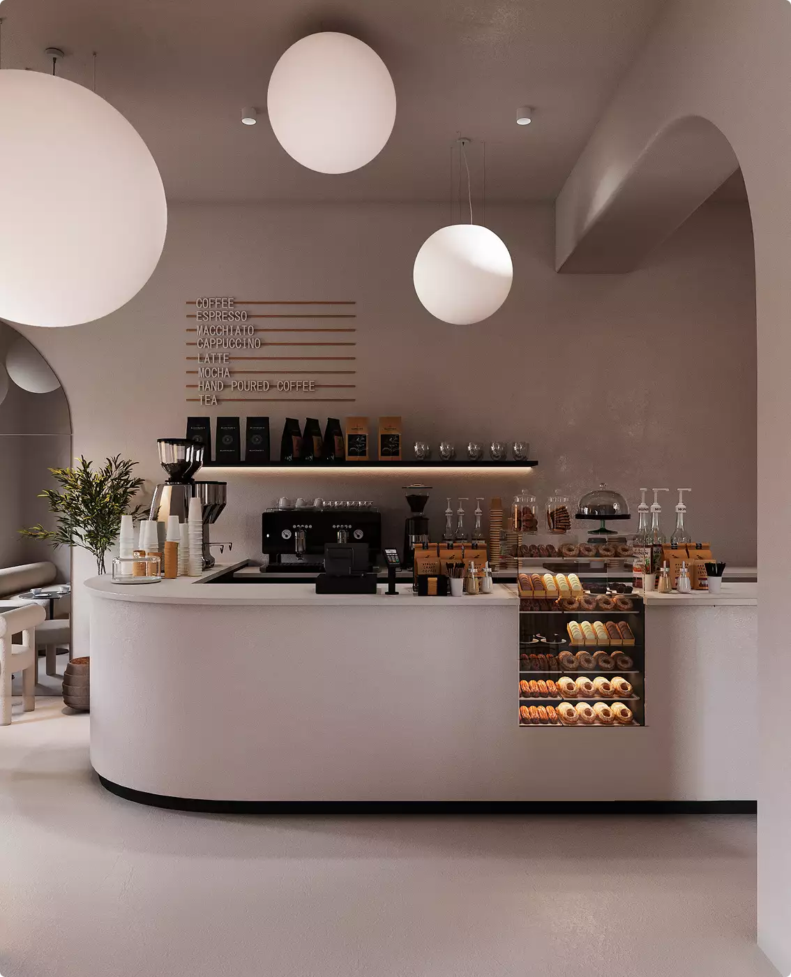 Cafe 3D rendering of a curved coffee counter with pastry shelves, menu wall, espresso machine, and globe lights
