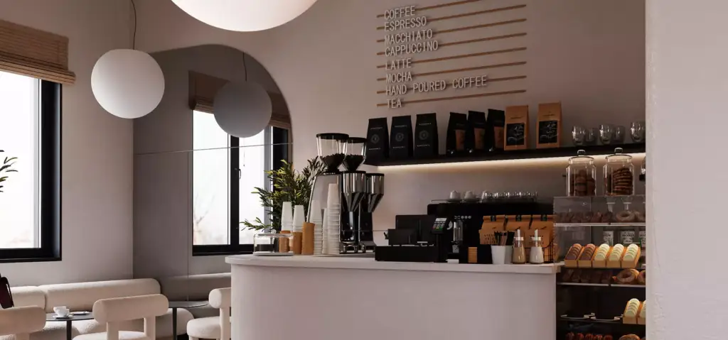 Cafe render of a coffee bar with pendant lights, menu wall, grinder station, and pastry display