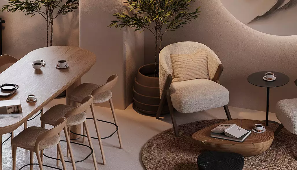 Cafe render of a cozy corner with armchairs, a wood table, coffee cups, round rug, and indoor trees