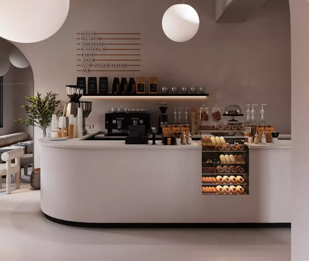 Cafe render of a curved coffee counter with espresso machines, pastry shelves, menu wall, and pendant lights