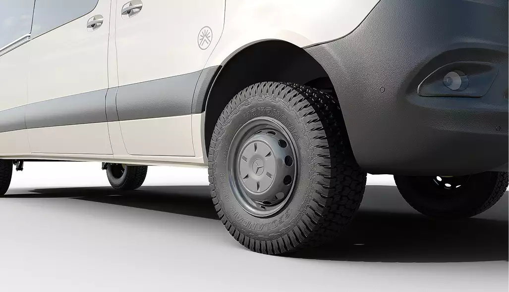 campervan exterior side view showing off road tire, wheel and lower body panel