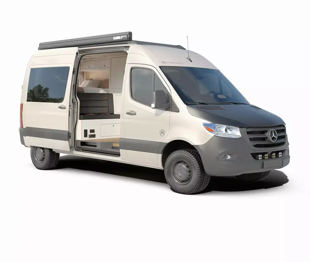 campervan exterior with sliding door open, roof awning, side windows and off road tires