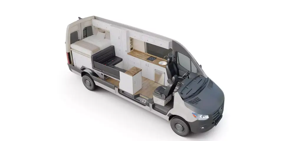 campervan interior design layout with rear bed, bench seat, kitchen counter, sink and cooktop