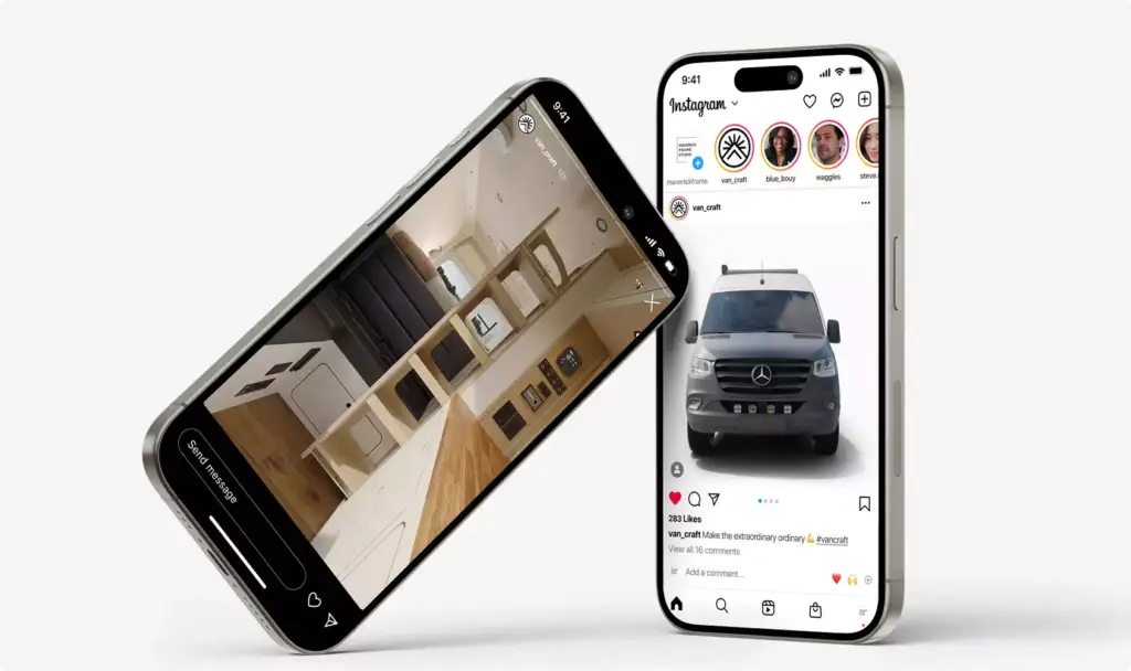 campervan interior ideas shown on smartphone screens displaying van layout and campervan front view