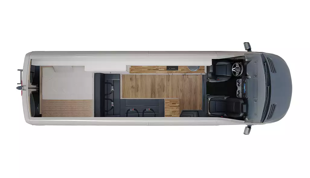 campervan interior ideas top down layout with bed, bench seating, kitchen counter and front seats