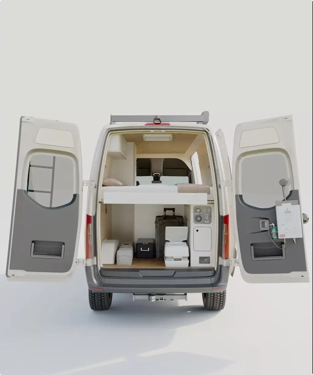 Marketing CGI rear view of a camper van with open doors, bed, storage, and compact travel gear