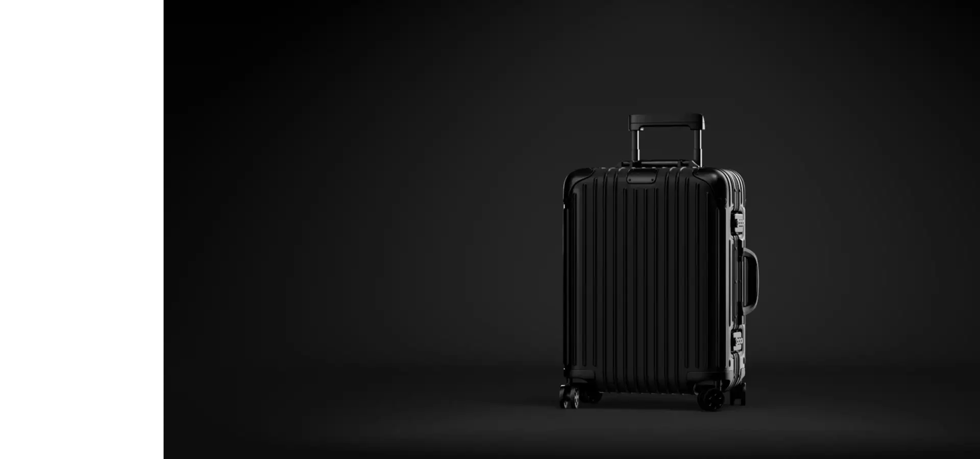Cgi product animation of a black suitcase standing on wheels against a dark background