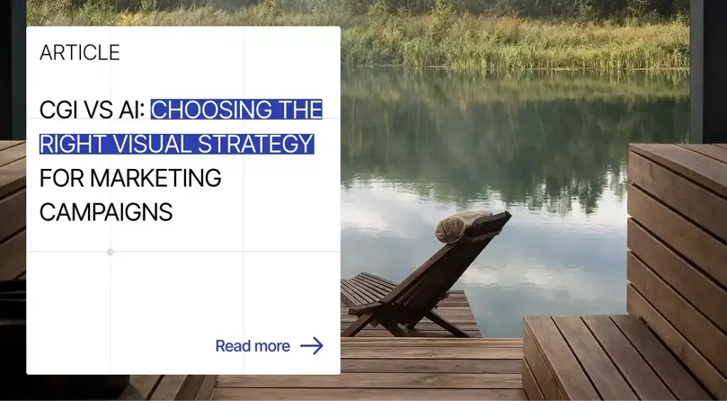 Lounge chair on deck by calm lake, CGI vs AI Choosing the Right Visual Strategy for Marketing Campaigns