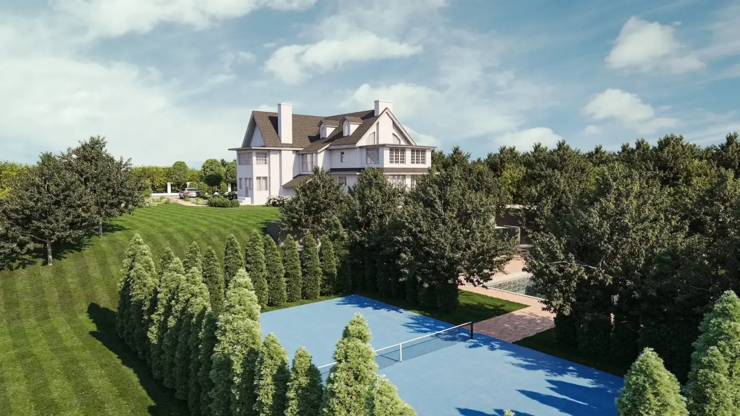 CGI vs AI: Choosing the Right Visual Strategy for Marketing Campaigns large white house with tennis court and landscaped trees on estate, cgi vs ai difference between cgi and ai example