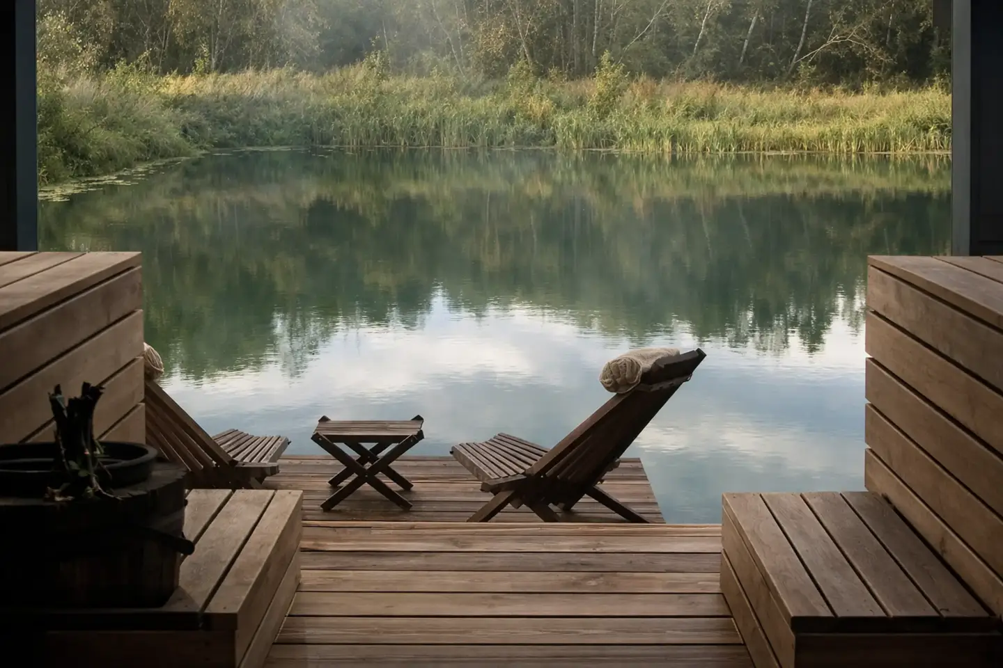 CGI vs AI: Choosing the Right Visual Strategy for Marketing Campaigns wooden deck with lounge chairs facing calm lake and forest reflection, cgi vs ai difference between cgi and ai concept