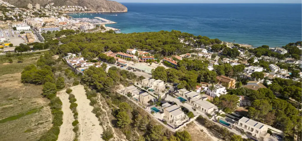 Coastal housing development aerial view, residential renderings, beside trees, marina, and sea