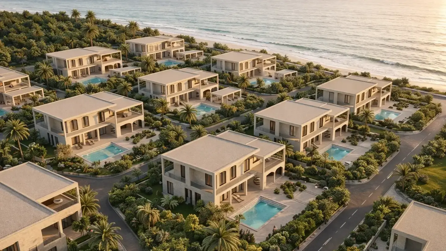 3D Rendering in San Francisco: Architectural Visualization Services for Modern Development Coastal villa development aerial view created using 3D site plan rendering services and architectural visualization services