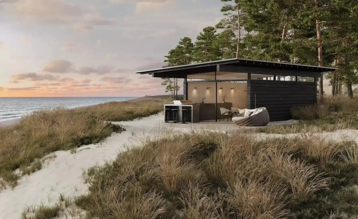 What Is Contemporary Architecture: The Design Language Shaping Iconic Buildings Contemporary architecture beach house among dunes and pines, open glass facade by the sea