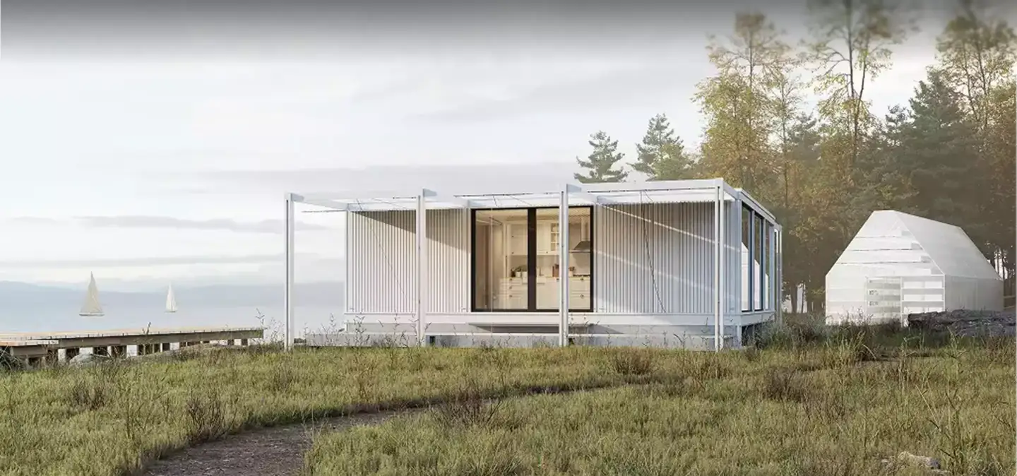 Modern glass and steel house by lake with dock and trees, showcasing contemporary architecture