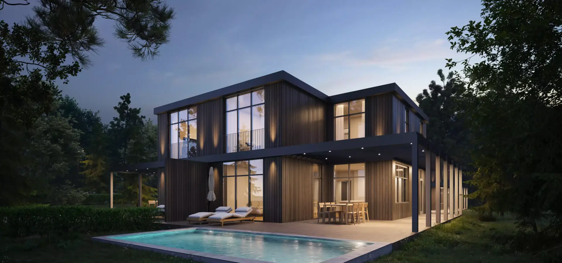 Contemporary home exterior with wood facade, large windows, pool terrace and warm evening lighting