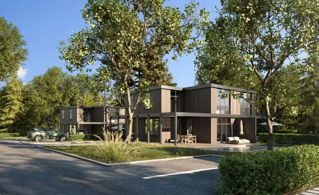 Contemporary house exterior with wood facade, large windows, terrace seating and surrounding trees