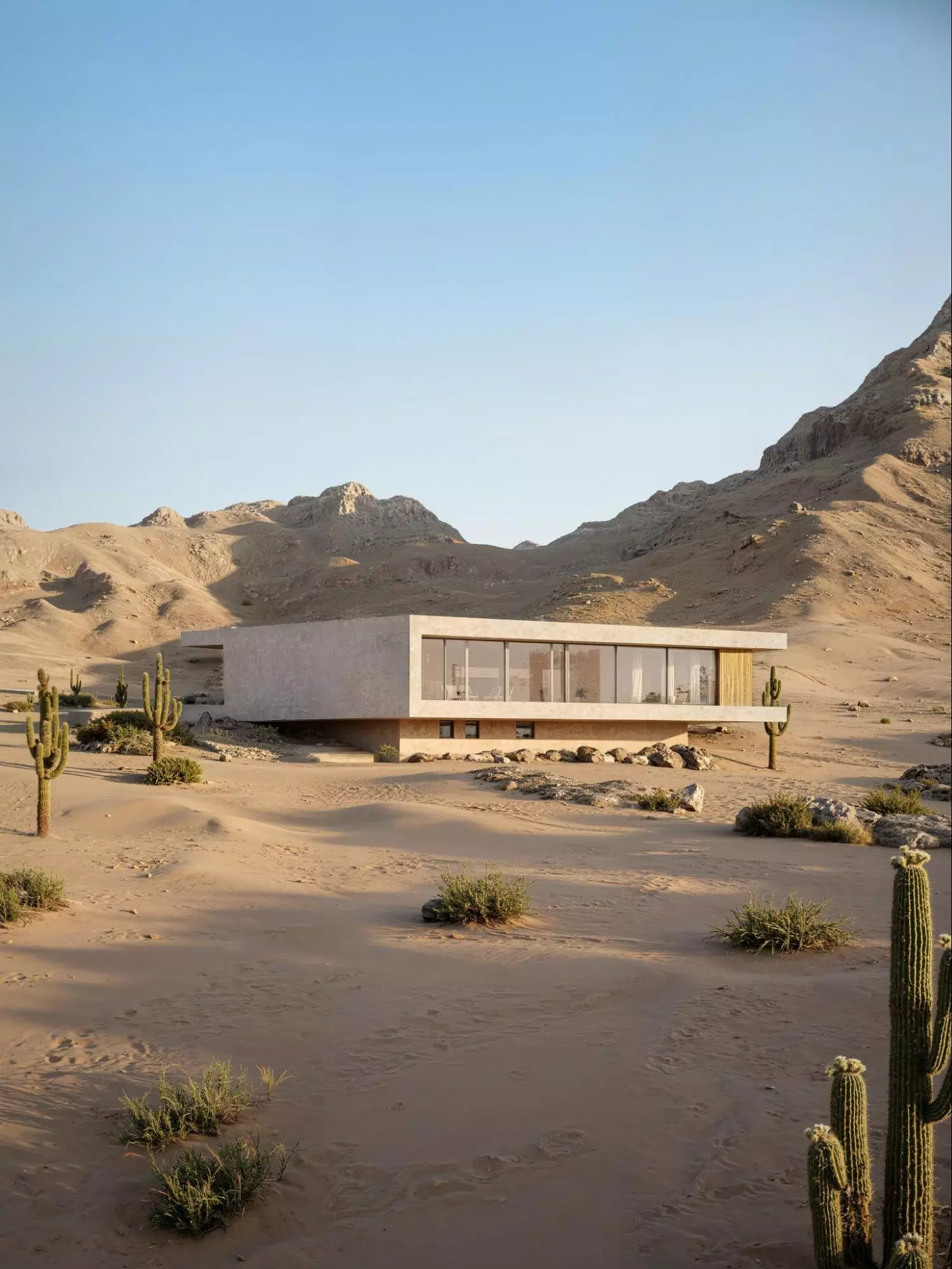 What Is Green Architecture? Meaning, Principles, and Examples Low modern desert house with glass walls, cacti, and rocky hills
