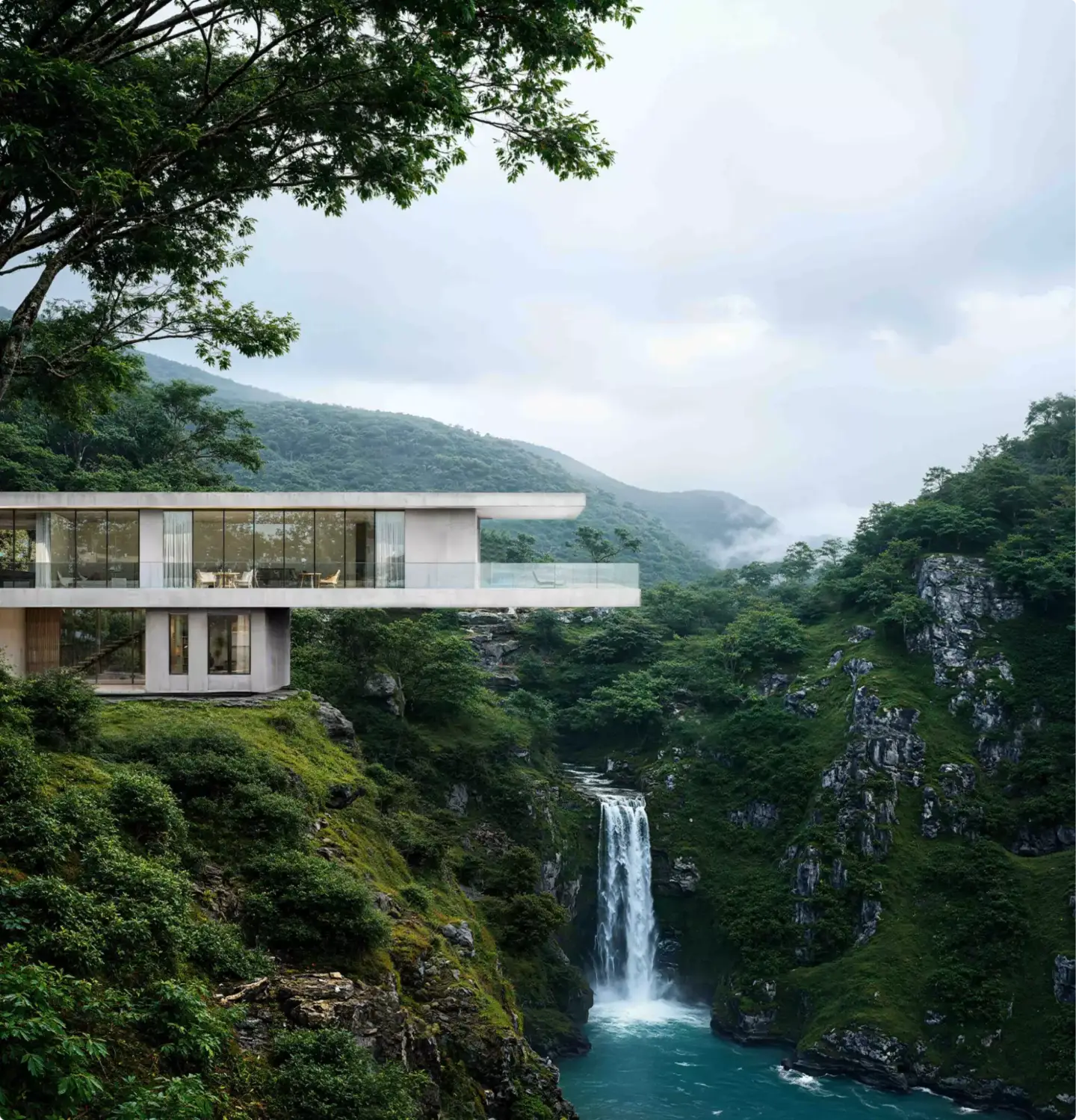 What Is Green Architecture? Meaning, Principles, and Examples ustainable hillside house overlooking a waterfall and misty forest valley