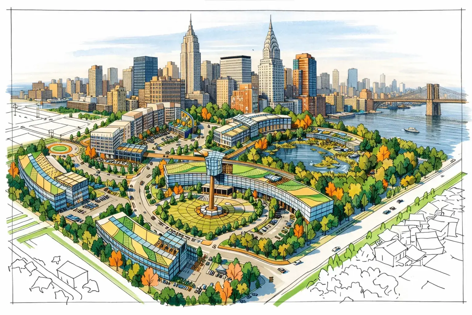 3D Rendering in New York: Architectural Visualization for Real Estate and Urban Development Exterior 3D rendering services showing a New York master plan with parks, roads, buildings, and waterfront