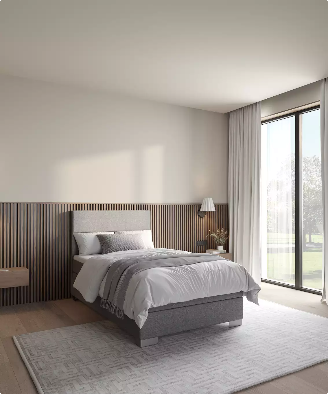 Modern minimalist bedroom with upholstered bed, wooden slat wall panel and large window natural light furniture 3D rendering