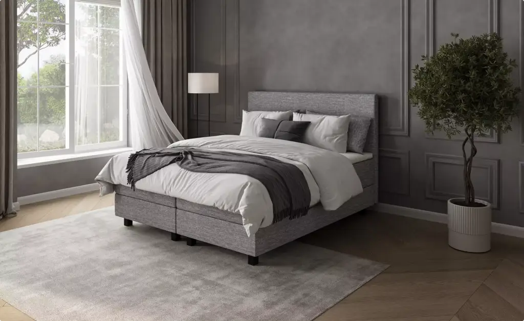Modern bedroom interior with upholstered bed, large window with curtains and decorative plant furniture rendering