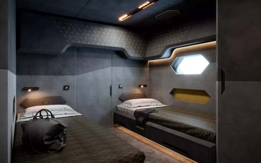Yacht interior twin cabin with two single beds, geometric wall panels, soft strip lighting, and sporty Lamborghini yacht design accents