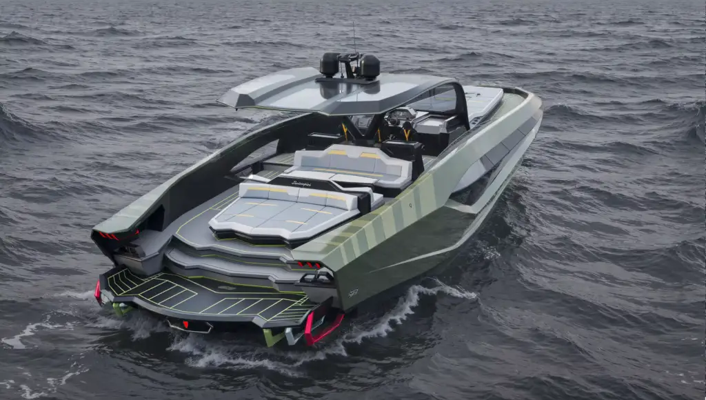 Yacht rendering from rear quarter angle on open sea showcasing layered swim platform, sunbeds, and bold Lamborghini-inspired yacht design