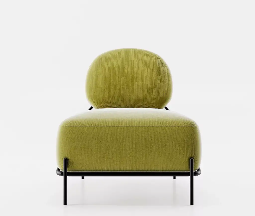 Green lounge chair furniture 3D rendering with rounded cushions and black metal legs on a white background