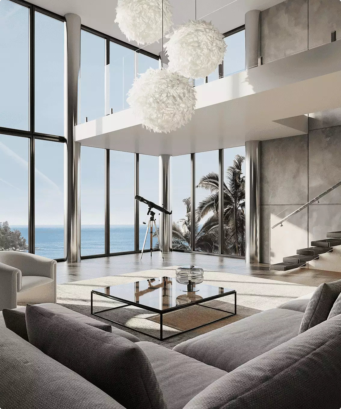 Interior 3D rendering for hotel marketing shows a lounge, ocean view, staircase, and tall glass walls