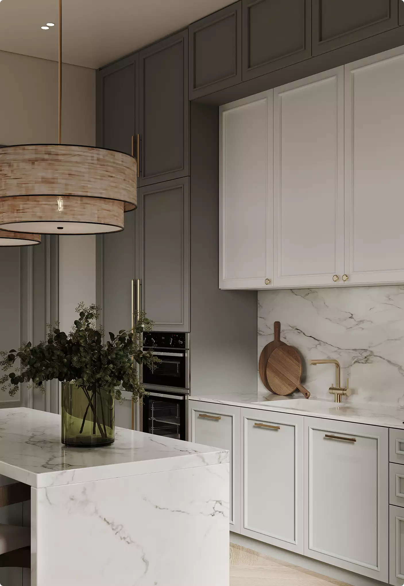 Interior 3D visualization of a marble kitchen island with pendant lights and gray cabinets