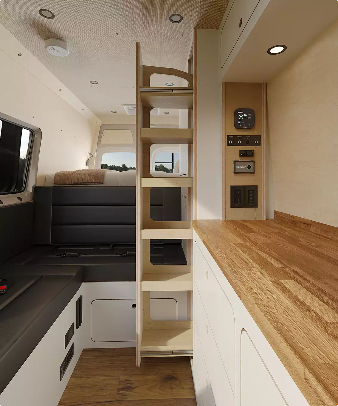 interior design campervan with ladder to raised bed, bench seating and wood kitchen counter