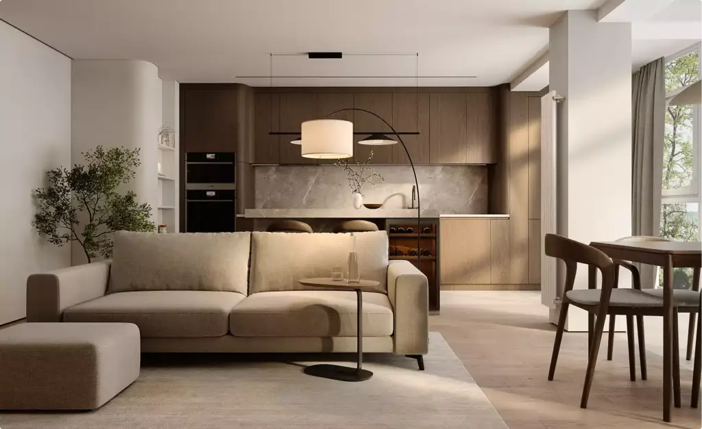 Luxury apartments 3D tour living area with sofa, kitchen island, dining set, and warm wood finishes