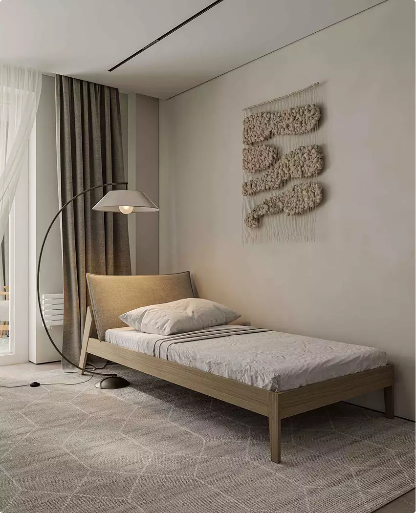 Luxury apartments 3D tour single bedroom with wood bed, floor lamp, textile wall art, and gray curtains