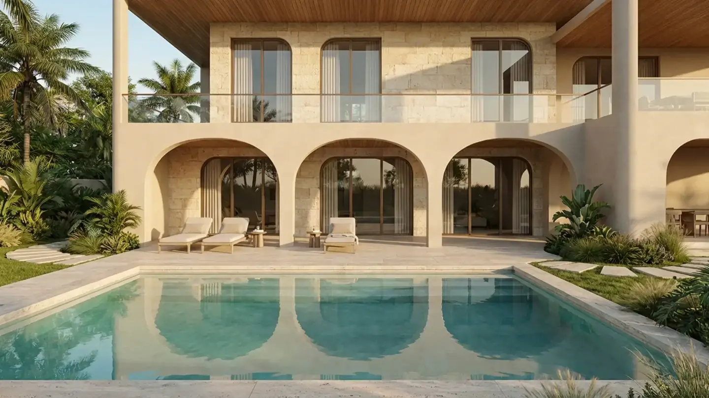 3D Rendering in San Francisco: Architectural Visualization Services for Modern Development Luxury villa with pool created using 3D house rendering services and photorealistic architectural renderings