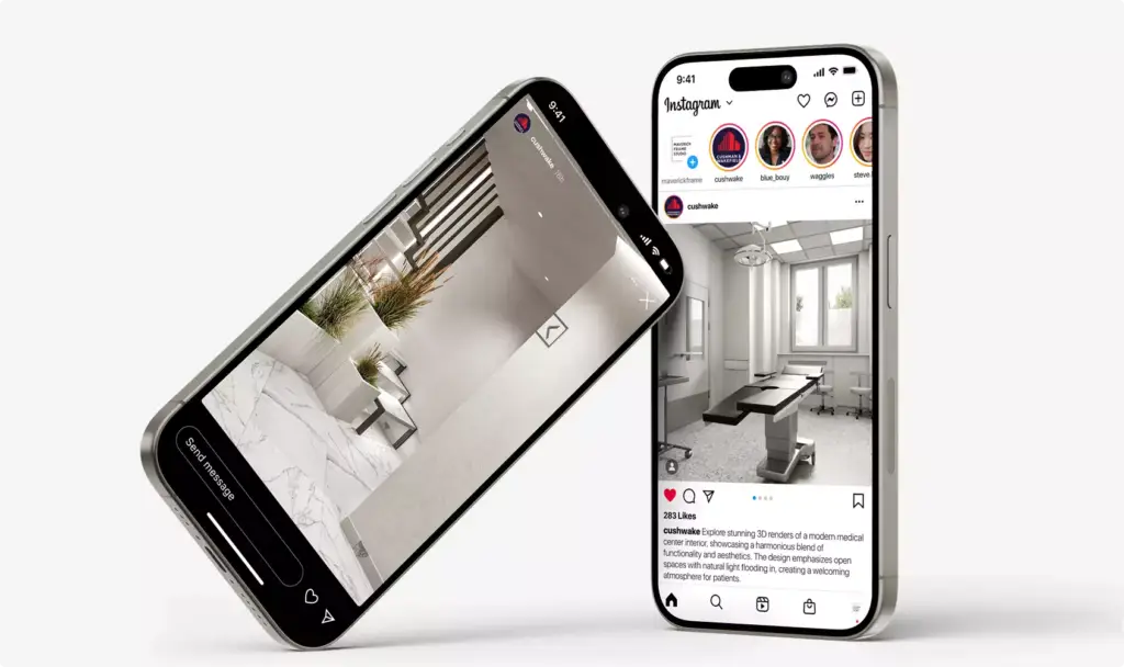 Medical center exterior rendering shown on two smartphones displaying social media posts