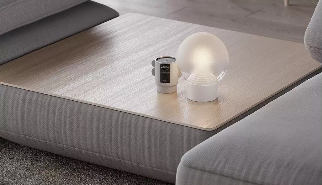 Minimalist design house living room with low sofa, wood coffee table, small lamp and candle