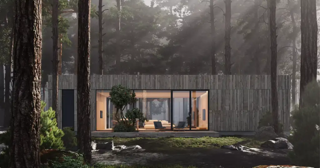 Minimalist house exterior with wood facade and large glass wall in pine forest beside calm water