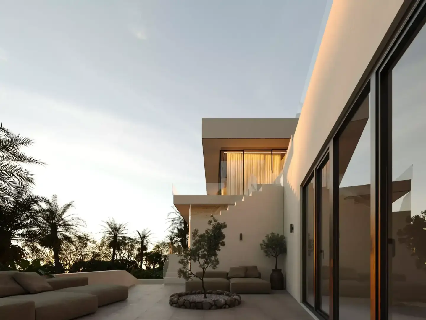 3D Rendering Pricing Guide: How Much Do 3D Renderings Cost in 2026 Modern house exterior at dusk with patio seating, rendering pricing example for residential design