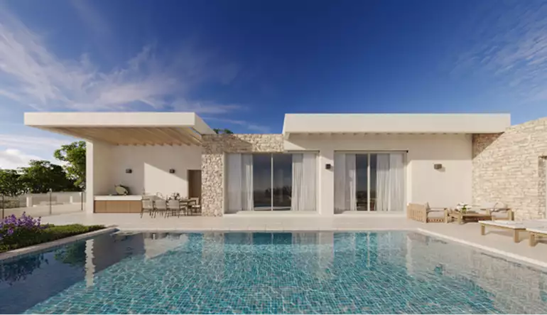 Modern villa with pool, 3D residential rendering, with stone walls and large sliding doors