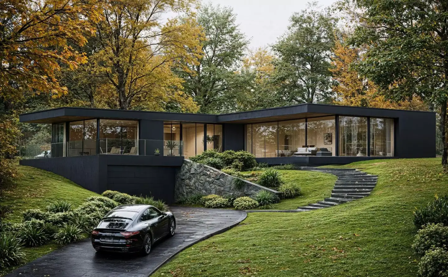 What Is Green Architecture? Meaning, Principles, and Examples Modern black glass house set into a green wooded hillside with a curved driveway