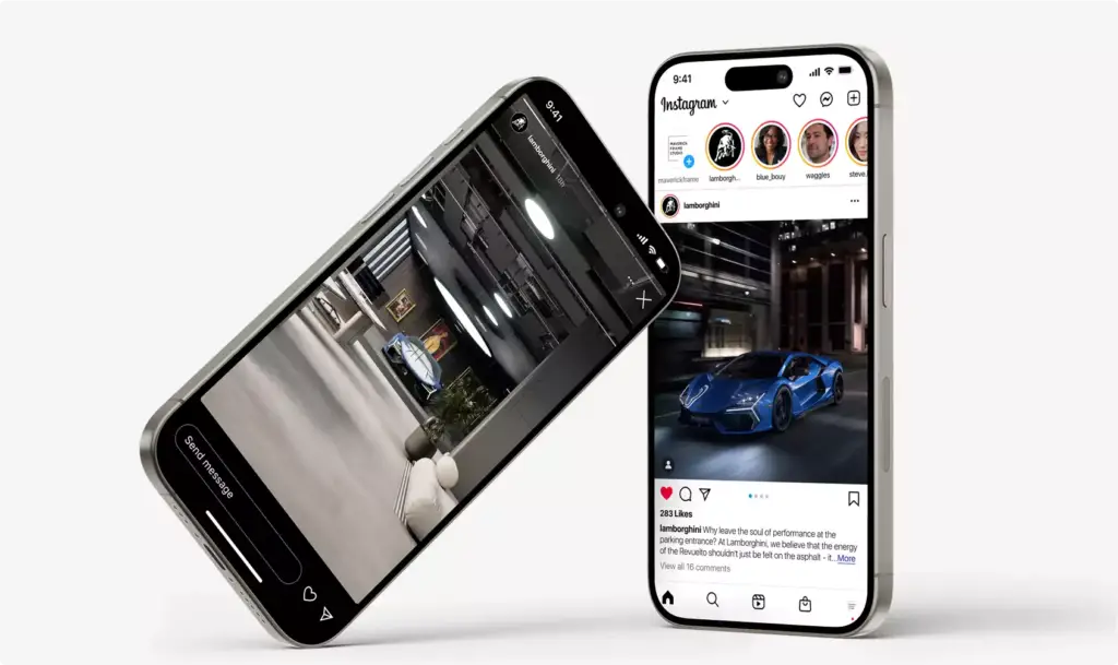 Office interior renderings displayed on smartphone screens showing luxury car and modern office interior scenes