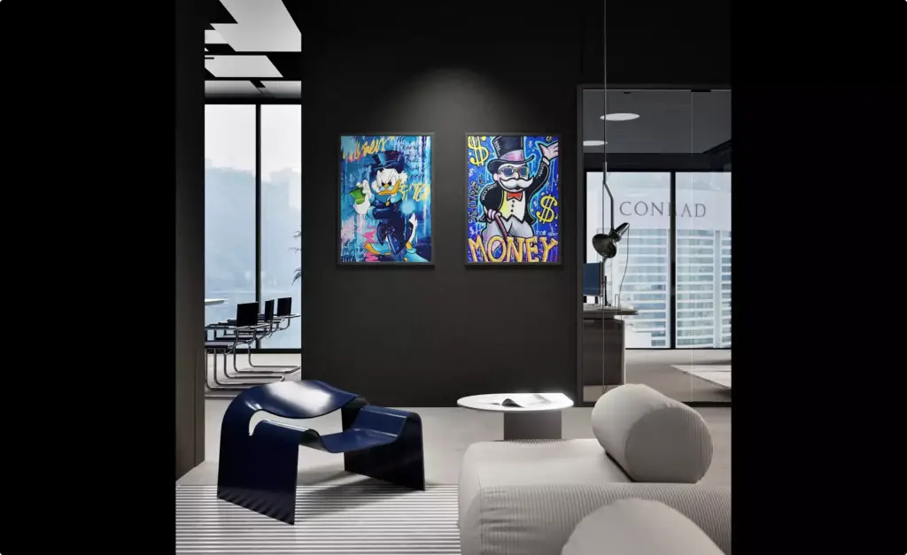 Office rendering of modern lounge corner with sculptural chair, sofa and colorful wall art in dark office interior