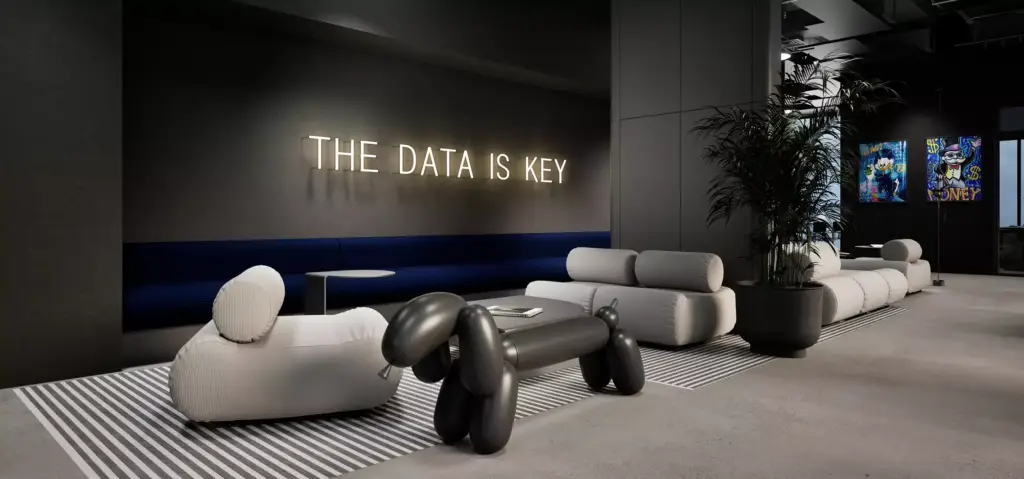 Office rendering of modern lounge area with sculptural sofas, large indoor plant and neon wall sign in office interior
