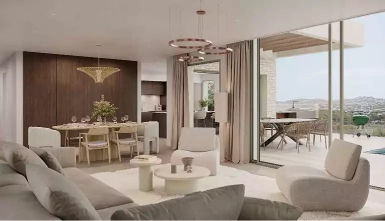 Open-plan living room, 3D residential rendering, with dining area and terrace beyond glass doors