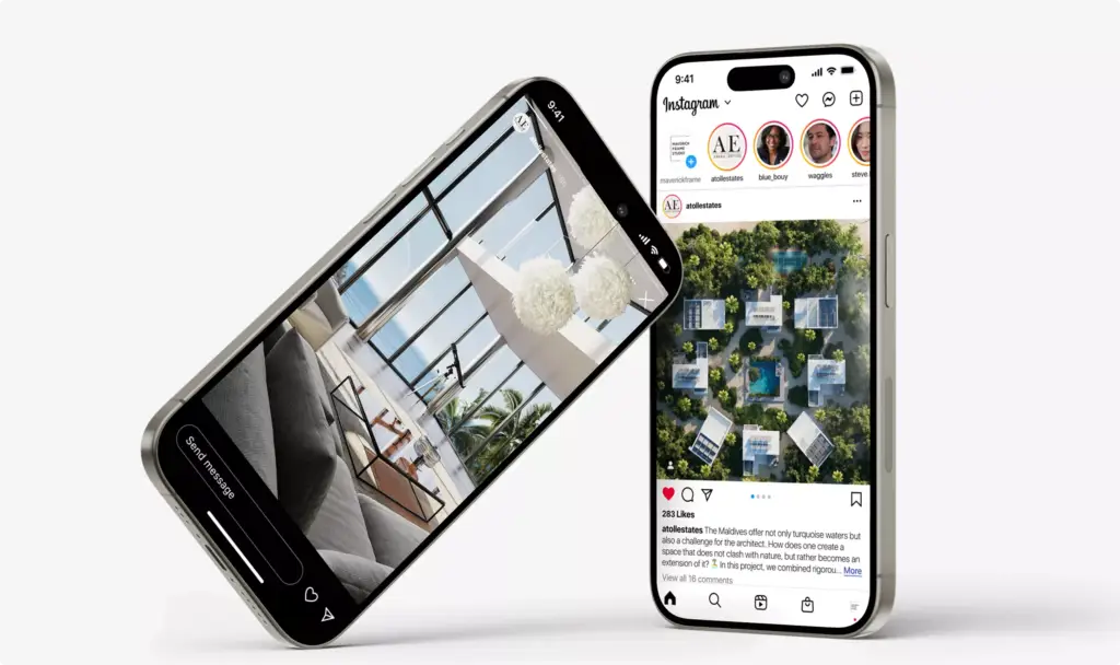 Phones in 3D rendering for hotel marketing display resort interior and aerial villa views on social media
