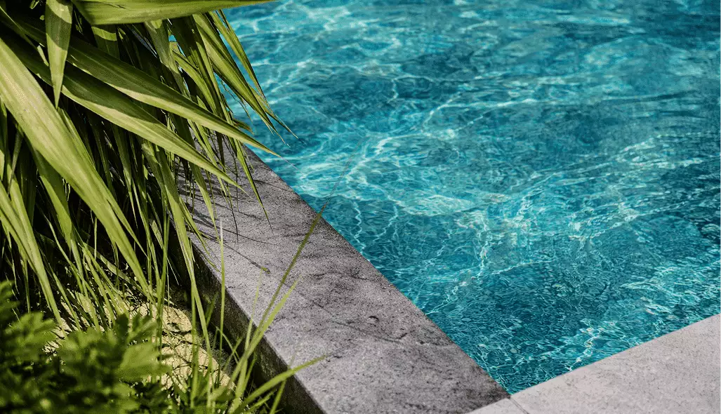 Poolside 3D hotel renderings show turquoise water, stone edge, and tropical leaves