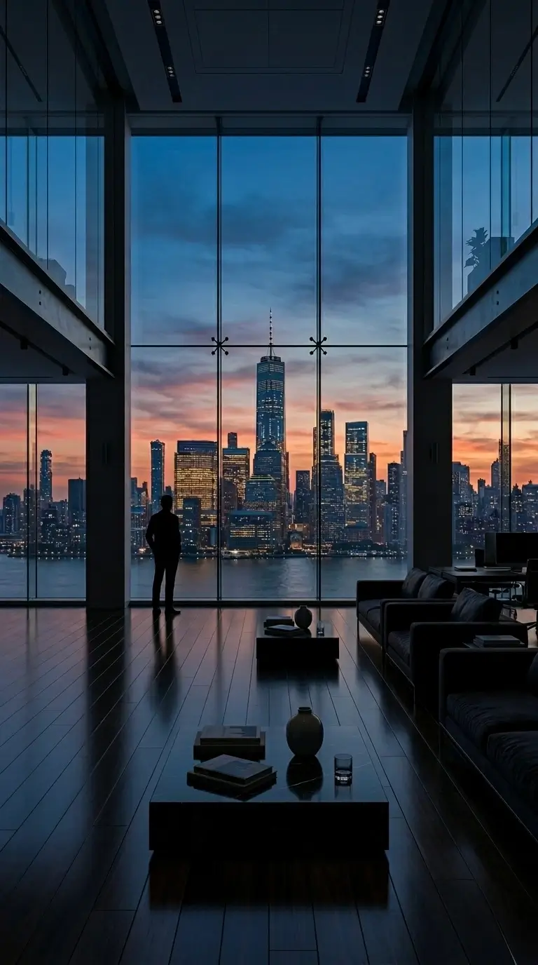 3D Rendering in New York: Architectural Visualization for Real Estate and Urban Development Real estate renderings NYC image of a luxury interior with large windows overlooking the New York skyline