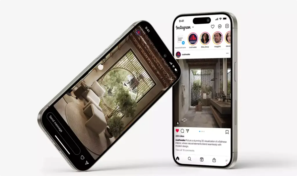 Residence interior shown on two smartphones with social media posts on a white background