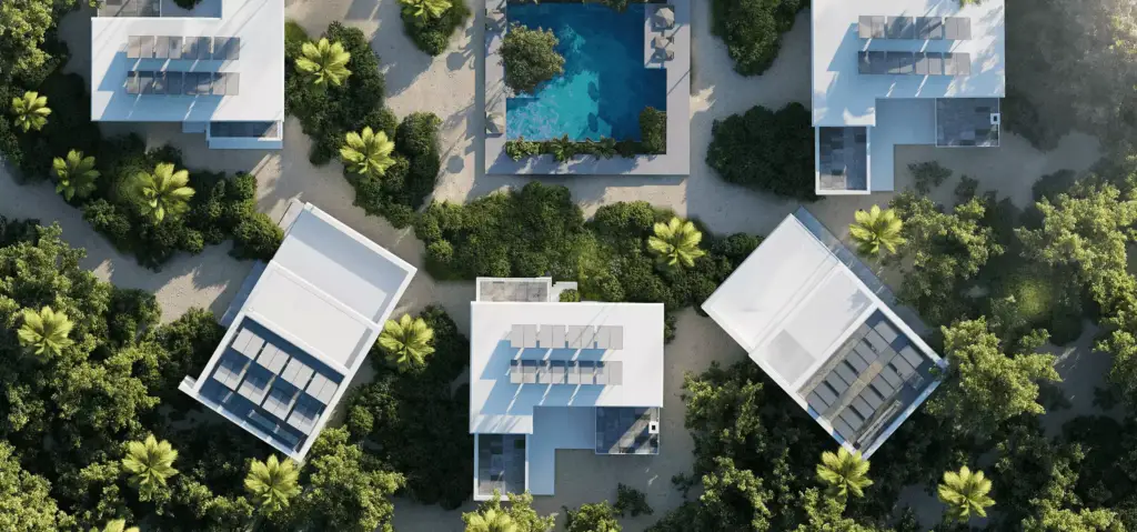 Resort 3D hotel renderings show villas, central pool, paths, and dense tropical trees